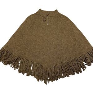 Women's Wool Blend Fringe Poncho Sweater Brown Cowl Neck Size M